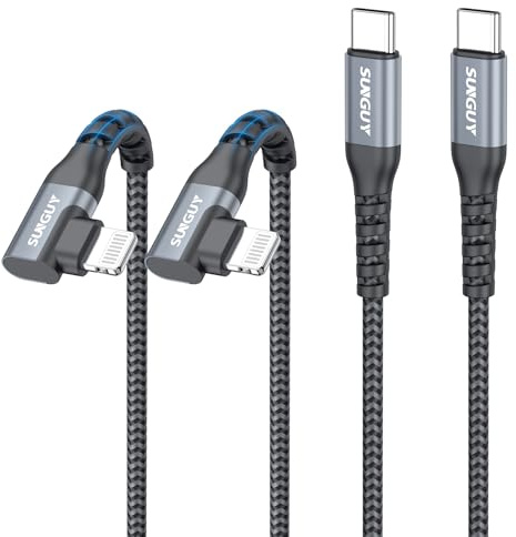 SUNGUY Cable USB C a Light-ning en ángulo recto, Light-ning de 90 grados, cable de carga rápida trenzado para iPhone 14/13/12/11 Pro Max Mini X XS XR Plus SE [Gris, 0.3m, 2Piezas]