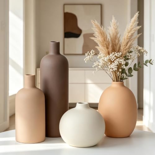 OFFASST Keramik Vasen Set 4-teilig | Iconic Home Vase für Pampasgras & Trockenblumen | Moderne Tischdeko in Beige & Braun | Neutral Boho Skandinavische Vase Hoch für Wohnzimmer