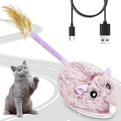 AYESY Interactive Moving Cat Toy, Automatic Moving Cat Mouse Toy with Squeaky Sound for Indoor Cats, Electric Mice Kitten Toys, USB Rechargeable Plush Kitten Toys