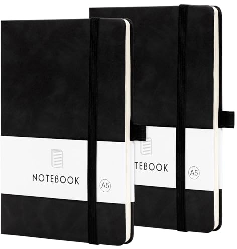 Bafiwu Notizbuch A5 Liniert, 2 Stück Notizbücher, 160 Seiten Notizblock A5 | 14,5 x 21,3 Notebook, Mitstifthalter Schwarz PU Notizbuch Leder, für to do Liste Block, Arbeit Notizbücher Büro Schule