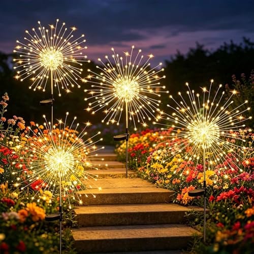 Joycome Solarleuchten für Außen 4 Stück 120 LED Feuerwerk Solarlampen | 8 Modi Gartenleuchten Solar Wetterfest Pusteblume Gartenstecker, Gartenbeleuchtung für Balkon Blumenkästen Terrassen Deko