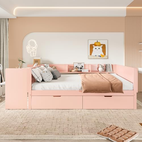 luckdect Lit Double avec Bureau Intégré 140x200 cm, Lit en Bois avec Rangement et Tiroirs, Étagères Intégrées, Structure Pin et Panneaux de Particules – Matelas Non Inclus,Rose