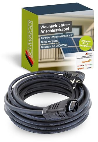 SCHWAIGER Wechselrichter-Anschlusskabel 10m I Solarkabel mit Betteri BC05 Kupplung I Robustes H07RN-F Balkonkraftwerk Anschlusskabel bis 3500 W I Wetterfester Schutzkontaktstecker Typ F I Schwarz