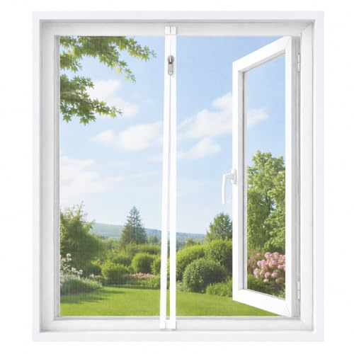 Fliegengitter Fenster 100x120 cm Weiß mit Reißverschluss, Selbstklebendes Insektenschutzgitter Fenster Ohne Bohren, Mückennetz & Moskitonetz Fenster, Atmungsaktiv, Transparent und Zuschneidbar