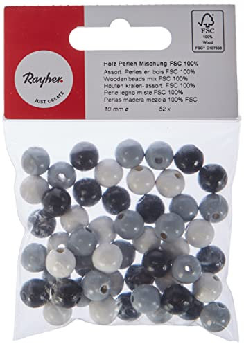 Rayher Holzperlen Mischung, schwarz/weiß Töne, poliert, 10 mm ø, Btl. 52 Stück, lutsch- und speichelfest, Schmuckperlen, Bastelperlen, FSC zertifiziert, 1252200