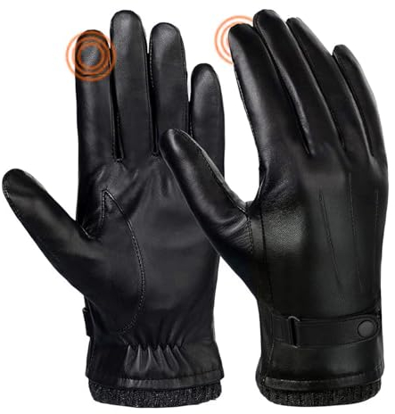 SANKUU Schwarze Lederhandschuhe für Herren, Winter, warm, Touchscreen, Fahrradhandschuhe, Outdoor, Reiten, warmes Innenfutter, wasserdichte Handschuhe, Schwarz, X-Large