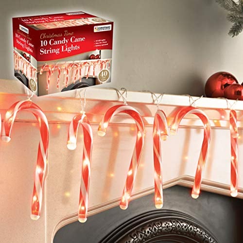 The Christmas Workshop 70039 Weihnachts-Lichterkette mit 10 LEDs für Zuckerstangen, Innendekoration, 1,8 m Kabellänge mit 20 cm langen Zuckerstangen, batteriebetrieben, Rot und Weiß