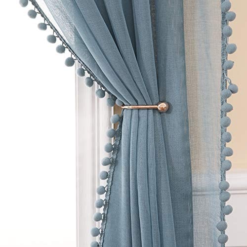 MIULEE Gardinen mit Pompons-Verspielte Blau Pompon Vorhänge für Kinderzimmer Junge, Transparent Gardinen mit Bommeln, Schlafzimmer Wohnzimmer Vorhang, 2 Stücke Gardinenschal, 2X H 245 X B 140cm