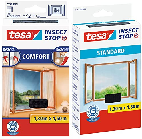 tesa Insect Stop COMFORT Fliegengitter Fenster - Insektenschutz mit Klettband selbstklebend,130cm x 150cm & Insect Stop STANDARD Fliegengitter für Fenster - Insektenschutz zuschneidbar-130cm x 150cm