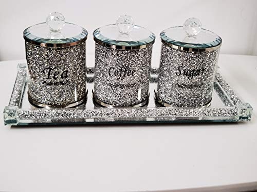 Biznest Set Of Diamond Crushed Tea Coffee Sugar Jars & Mirrored Crystal Candle Plate 39X18Cm Elegant Addition To Your Home- Best Gift