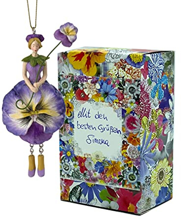 Blumen-Mädchen Stiefmütterchen zum Hängen Elfen-Dekofigur Flower Fairy Figur Blumenfigur Skulptur Blumenkinder in Geschenk-Box