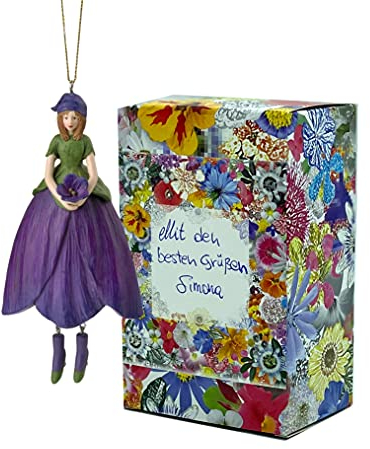 Fiebiger Floristik Blumen-Mädchen Veilchen zum Hängen Flower Fairy Figur Elfen-Dekofigur Blumenfigur in Geschenk-Box