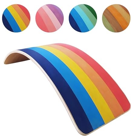 SmartToys4U Wooden Balance Board Kids Montessori Toddler Wobble Board Autism Friendly Waldorf Sensory Toy Indoor Outdoor Children Natural Wood Curvy Seesaw Yoga Fitness Board for Adult (Rainbow)