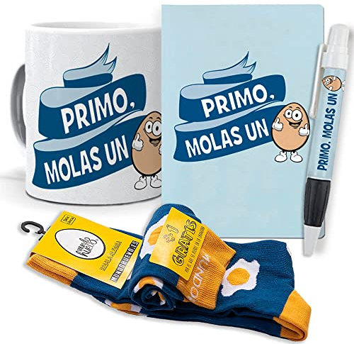 Super Regalo Personalizado para primos. Primo molas un Huevo. Taza, libreta, boli y Trio de Calcetines