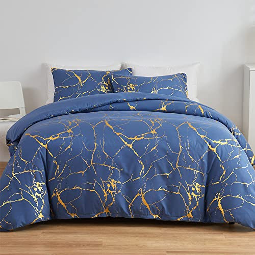 ARYURBU Bettwäsche Set 3tlg Romantisch Blau 1x Bettbezug 200x220 cm und 2X Kopfkissenbezüge 80x80 cm Chic Gold Marmor Blitz Muster für Einzelbett mit Reißverschluss Weich Mikrofaser Pflegeleicht