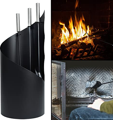 ACXIN Juego de 4 utensilios para chimenea, color negro, incluye escoba, pala, atizador, soporte de acero inoxidable, buena resistencia al calor, antiincrustante, bonito y duradero