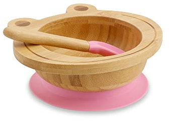 GREENBOX Bambusschalen-Set Frosch I Saugnapf-Schüssel mit Löffel - FSC-zertifiziert I tolles Bambus Holz-Schüssel-Set f. Kinder - Baby-Brei-Schüssel & Müslischale I Baby Bambus-Geschirr pink
