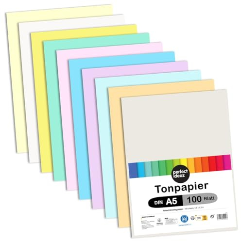 perfect ideaz - 100 Blatt Tonpapier A5, 10 Pastell-Farben, 120 g/m² stabiles Recycling Papier, Made in Germany, Blauer Engel zertifiziert