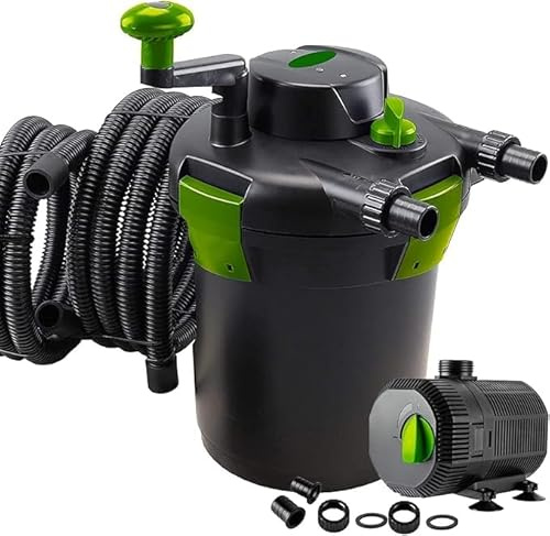 PondHero Turn2Clean Pond Pump and Pond Filter Sets | Includes UVC | Hose and Clips (12000 Filter 13W UV & 6200LPH Pump), Black