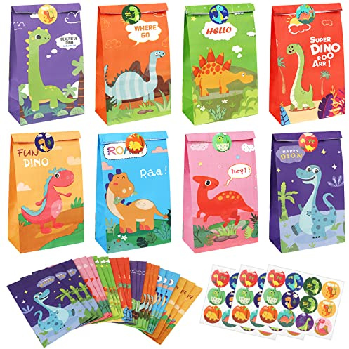 PHOGARY Geschenktüten Kindergeburtstag Tüten Dinosaurier Geburtstag Party - 24 Dinosaurier-Papiertüte + 36 Dino-Sticker, Papiertüten Geschenktüten für Jungen Mädchen Gastgeschenke Partytüten