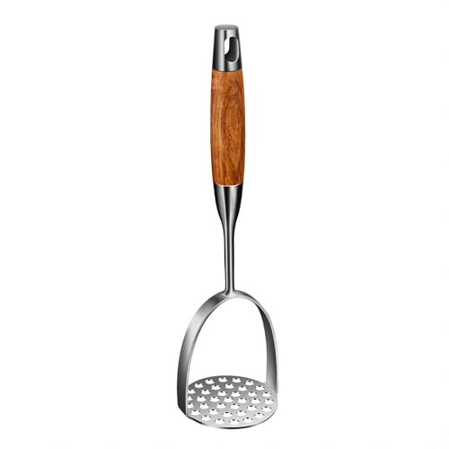 Kartoffelstampfer aus Edelstahl mit Holzgriff, robuste Metall-Kartoffelpresse, Lebensmittelstampfer, Utensilien, Handstampfer, Gemüse, Obst, Koch- und Küchenhelfer, 1 Stück (Holz)