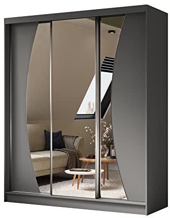 ALTDECOR Kleiderschrank mit Spiegel und Schiebetüren, kugelgelagerte Führungsschienen und Aluminium-Leisten - VOXI - 180 cm Grau