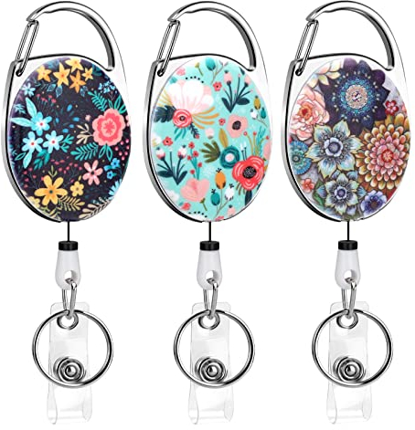 Soleebee 3 Stk Schlüssel JoJo Ausziehbar Karabiner, Beidseitig Motiv Blumen Ausweis JoJo Schlüsselanhänger für Krankenschwester Lehrer Student, ID Name Badge Holder mit Gürtelclip für Kartenhalter