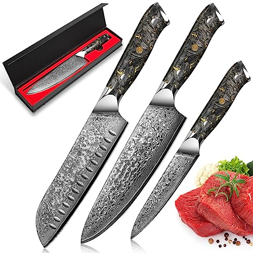 Home Safety Ensemble de Couteaux de Cuisine 3 Pièces en Acier Damas,Set Couteau 67 Couche Acier Couteaux Japonais - Couteau de Chef 20CM, Couteau Santoku 17,8CM, 12,4CM Couteau Universel