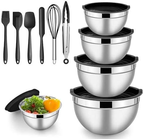 Herogo Schüssel mit Deckel, Edelstahl Salatschüssel Set 5er Set, Größe 4,5L/2,7L/1,5L/1,2L/0,7L, Stapelbar Rührschüssel für Küche Mischen und Servieren, Beinhalten Backen Zubehör, Spülmaschinenfest