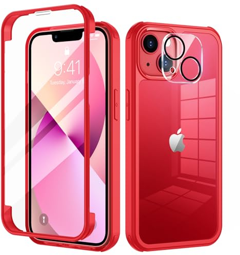 seacosmo für iPhone 13 Mini Hülle mit eingebautem Panzerglas Displayschutz und Kamera Schutzfolie [9H HD], 360 Grad Handyhülle Ganzkörper Stoßfeste iPhone 13 Mini Case - Rot