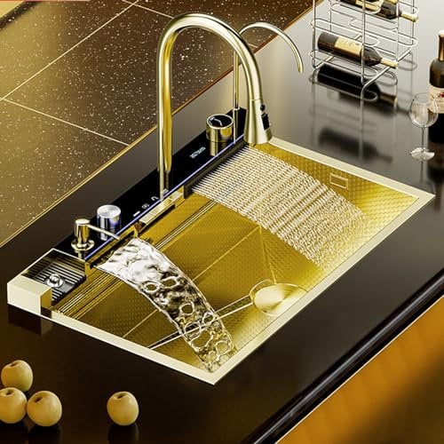 Kitchen Sink Gold Waterfall Raindance Sink With Integrated Digital Display Faucet Honeycomb Sink Stainless Steel Sink With Piano Switch