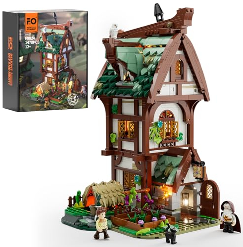 FUNWHOLE Set di Spezieria Medievale, Mattoncini da Costruzione con Luci a LED, 1470 Pezzi, Costruzione di Città Medievale, Giocattolo per Adulti e Adolescenti