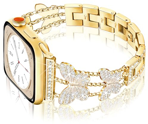 Ocaer Kompatibel mit Apple Watch 42mm 41mm 40mm 38mm, Glitzer Metall Ersatz iWatch Armband für Apple Watch Series 11 10 9 8 7 6 5 4 SE 3 2 1, Elegant Bling Schmuck für Damen Frauen (Gold)