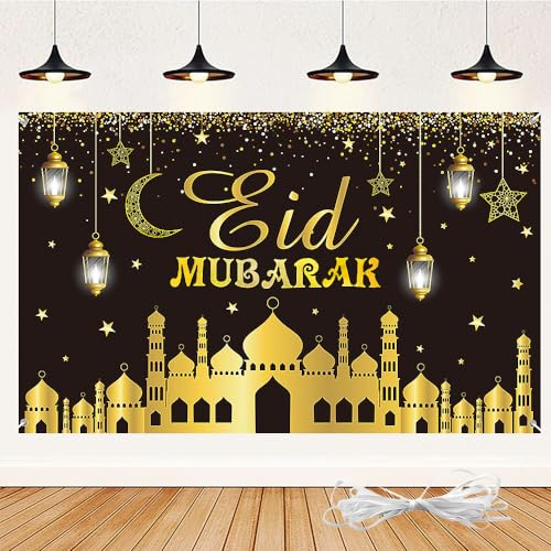 Jiahuade Ramadan Dekoration Schwarz Gold Extra Große,180x110CM Eid Mubarak Hintergrund,Ramadan Dekoration Hintergrund Banner,Ramadan Kareem Banner,für Muslim Islamische Party Ramadan Deko