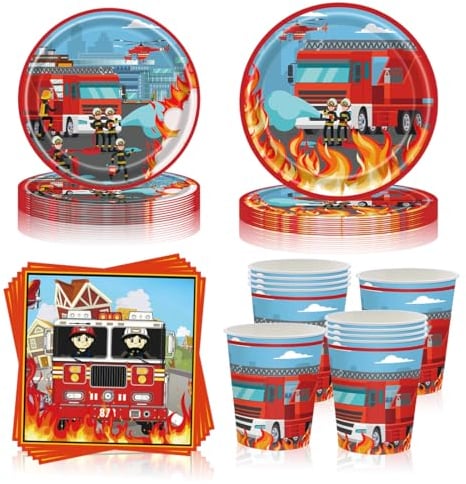 68 Pièce Assortiments Pompier Vaisselle de Fete, Vaisselle Anniversaire Pompier, Decoration Anniversaire Enfant Assiette Tasse Serviette