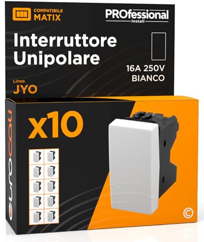 Interruttore Unipolare di Corrente 16A 250V Compatibile con BTicino Matix a Incasso da Muro Frutti Elettrici Colore Bianco - Confezione da 10