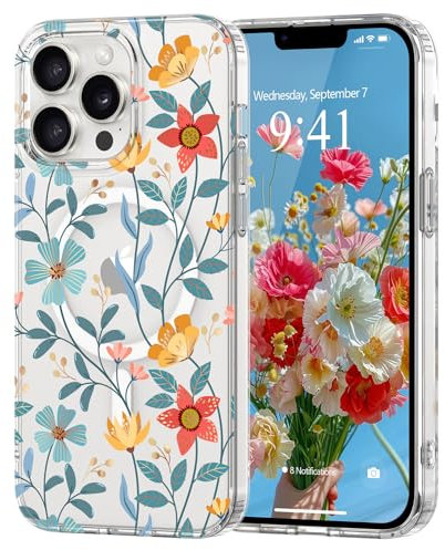 Pepmune Floral Magnetic Case for iPhone 13 Pro [Compatible with Magsafe],Clear Anti-yellowing Phone Cover Cute Anti-Scratch Flower Pattern,Soft TPU Slim Bumper Protective for Girls-Wildflower