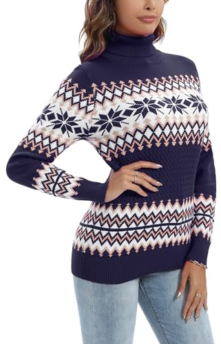 Yukiuiny Damen Rollkragen Weihnachtspullover Kuschelig Feinstrick Norwegerpullover mit Gerippt Bündchen Festlich Christmas Sweater