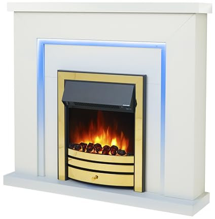 Endeavour Fires Bempton 42 Electric Fireplace Surround with Coal Effect & Realistic Flame Heater, 7-Day Programmable Remote Control, Multiple Colour Options (White Top/White Hearth/Brass Fire)
