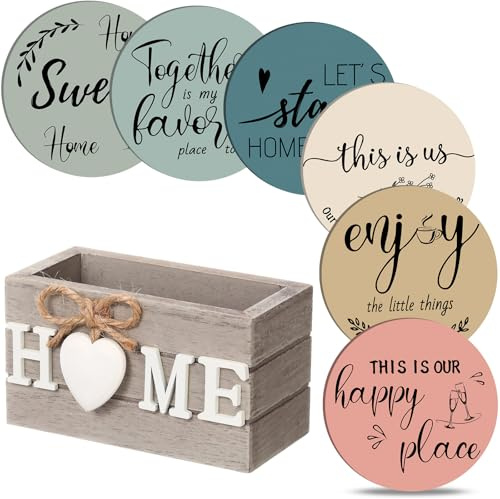 Queekay House Warming Gifts New Home Farmhouse Coasters Set of 6, Peach | Wooden Coasters for Drink with Holder, 4'', Funny Home Decoration for Family Coffee Bar Table Protection, New Home Gift Ideas