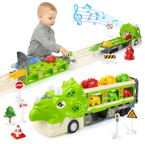 snookids Dinosaurier Truck Spielzeug für Kinder - Faltbar Rennbahn Transporter Spielzeug mit 6 Dino Cars, Lastwagen Kinderspielzeug Geschenke für Jungen Mädchen ab 3 4 5 6 7 Jahre