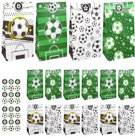 16 Stück Fußball Party Tüten mit Aufkleber, 4 Muster Fußball Papiertüten, Geburtstag Candy Tüten, Geburtstage Deko Fussball Geschenktüte, Mitgebsel TüTen für Süßigkeiten, Kleine Geschenke