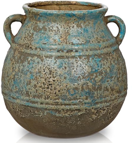 Hollyone Vintage Keramikvase mit Henkeln, 22cm Rustikale Retro Deko Vase Bauernhaus, Antike Vase Blumentopf für Blumen und Pflanzen, Terrakotta Tischvase für Wohnkultur, Tisch, Regal
