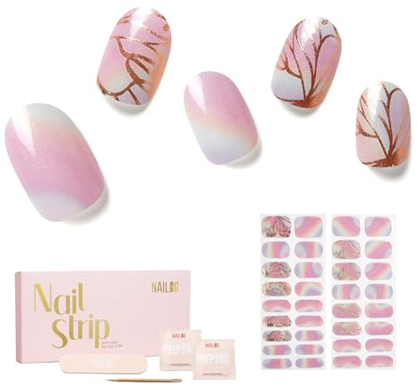 NAILOG Semi Cured Gel Nail Strips 34 pcs Floral Nail Stickers - Flying Wings