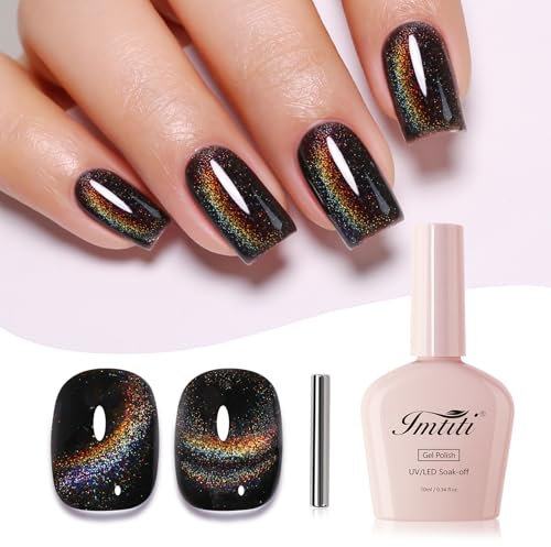 Imtiti Cat Eye Gel Nail Polish, Black Rainbow Holographic Magnetic Gel Polish With Magnet Glittery Iridescent Galaxy Spring Summer Kit Soak Off UV Led 10ml