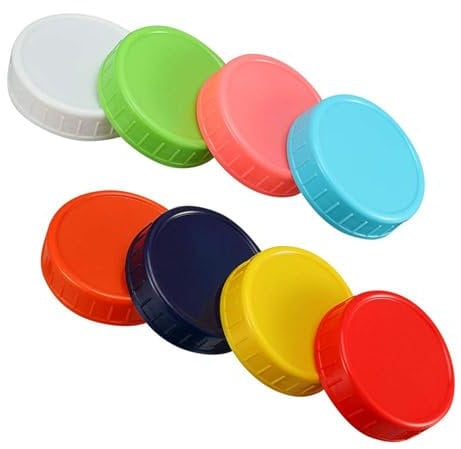 Generic 8 Pcs Colored Plastic Mason Jar Lids, 70 mm Regular Mouth, Silicone Sealed, BPA-Free, Multicolor, Round, Dishwasher Safe
