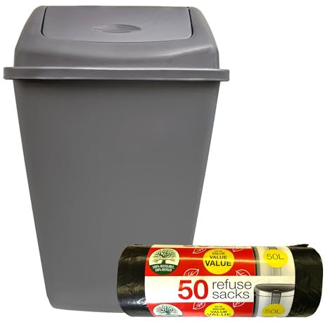 KMJ Large Kitchen Bin 50L with 50L Bin Bags (50 Pack)- Convenient & Durable Waste Bins with Swing Lid– Perfect Trash Bin for Kitchen, Office, Bathroom and Home– Space Saving Black Bins- Grey 1 Pack