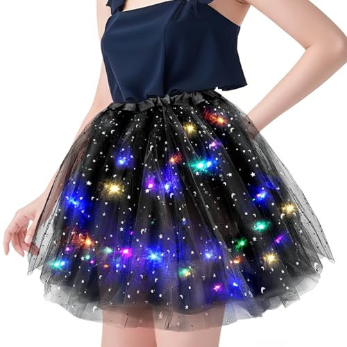 Tüllrock Damen LED Tütü Erwachsene 40cm,Sterne Pailletten Tütü Rock Ballettrock mit LED Lichter Damen Tüllrock Ballettrock für Maskeraden, Karneval,Partys und Halloween