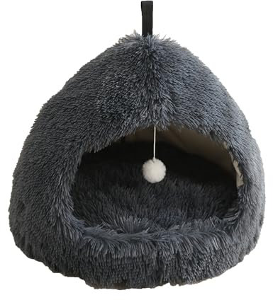 Shakub Katzenbett Katzenhöhle 58 x 58 x 47cm,Flauschiges Katzenhaus mit hängendem Spielzeug,Katzen Bettchen Waschbar,Katzenhaus Hundehöhle für Katzen und kleine Hunde Schlafen(dunkelgrau, 58x58x47cm)