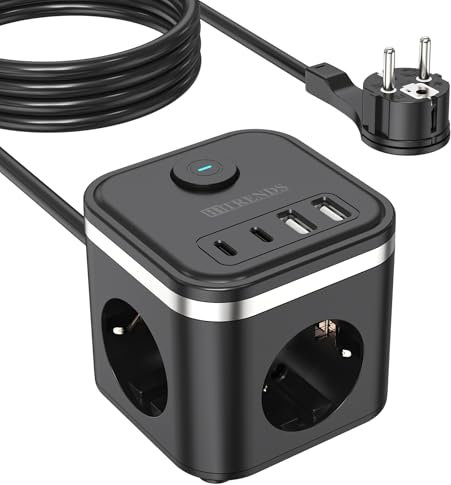 Cube multiprise avec USB, 3 prises avec interrupteur, multiprise avec 2U2C, 7 en 1 avec câble de 2 m, prise plate, multiprise pour bureau, voyage, noir